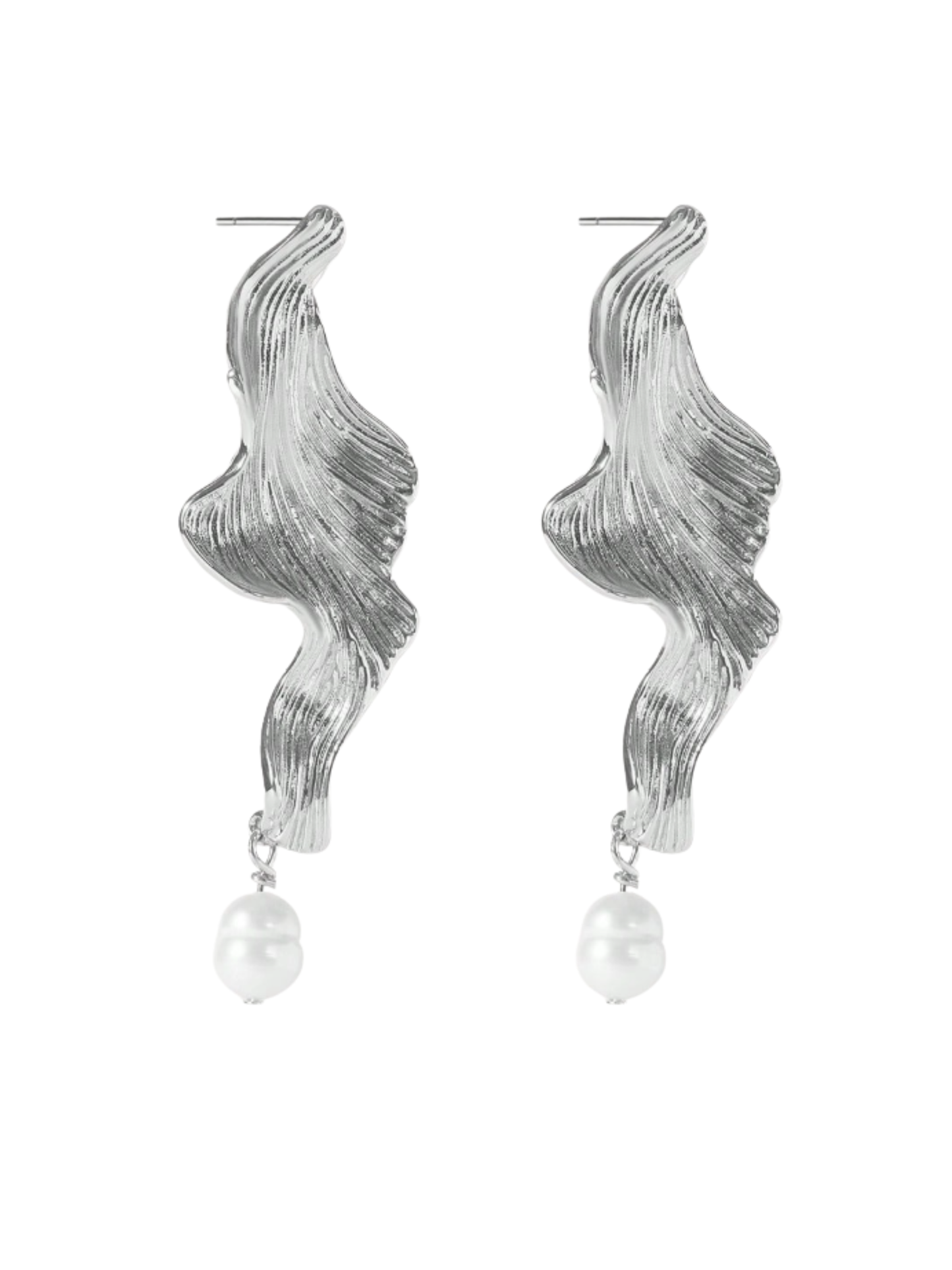 Silver Wave & Pearl Drop Earrings