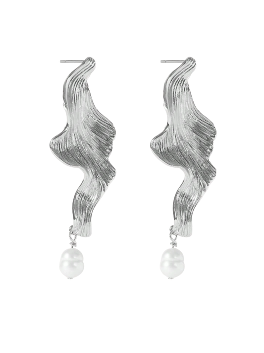 Silver Wave & Pearl Drop Earrings