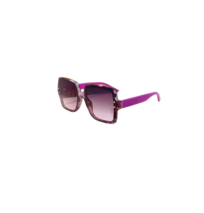 Sunglasses with purple frame and gradient lenses on a white background